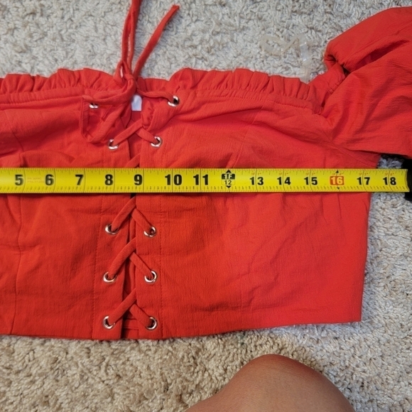 BLUE BLUSH Red Puff Off Shoulder Crop Top High Waist Lace-up Corset Shorts Set L - Picture 7 of 16